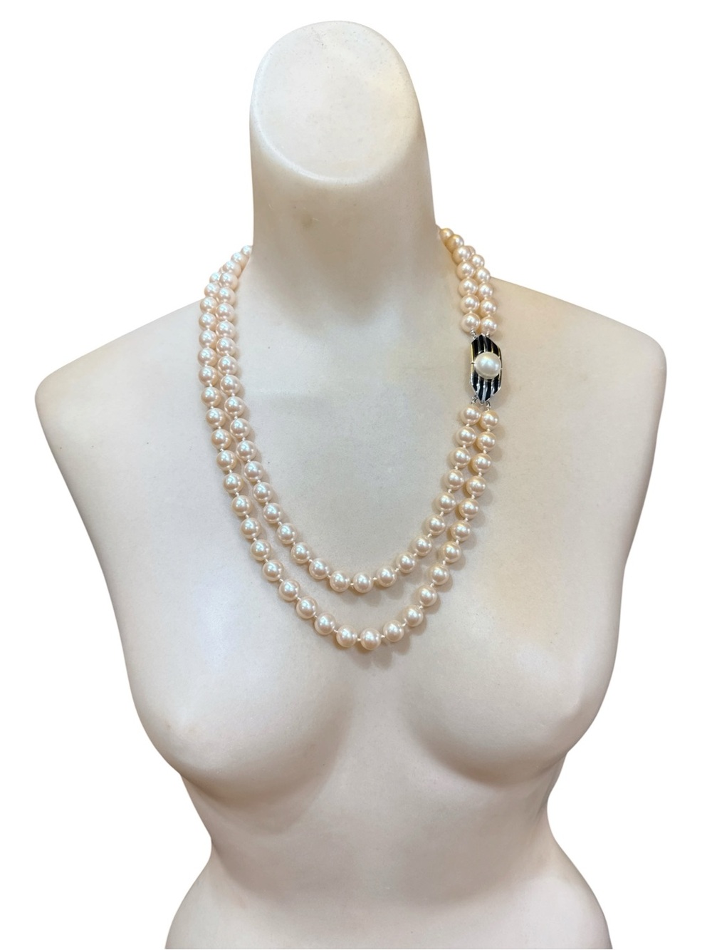 Vintage Givenchy Double Strand Faux Pearl Necklace Black Enamel Art Deco Clasp